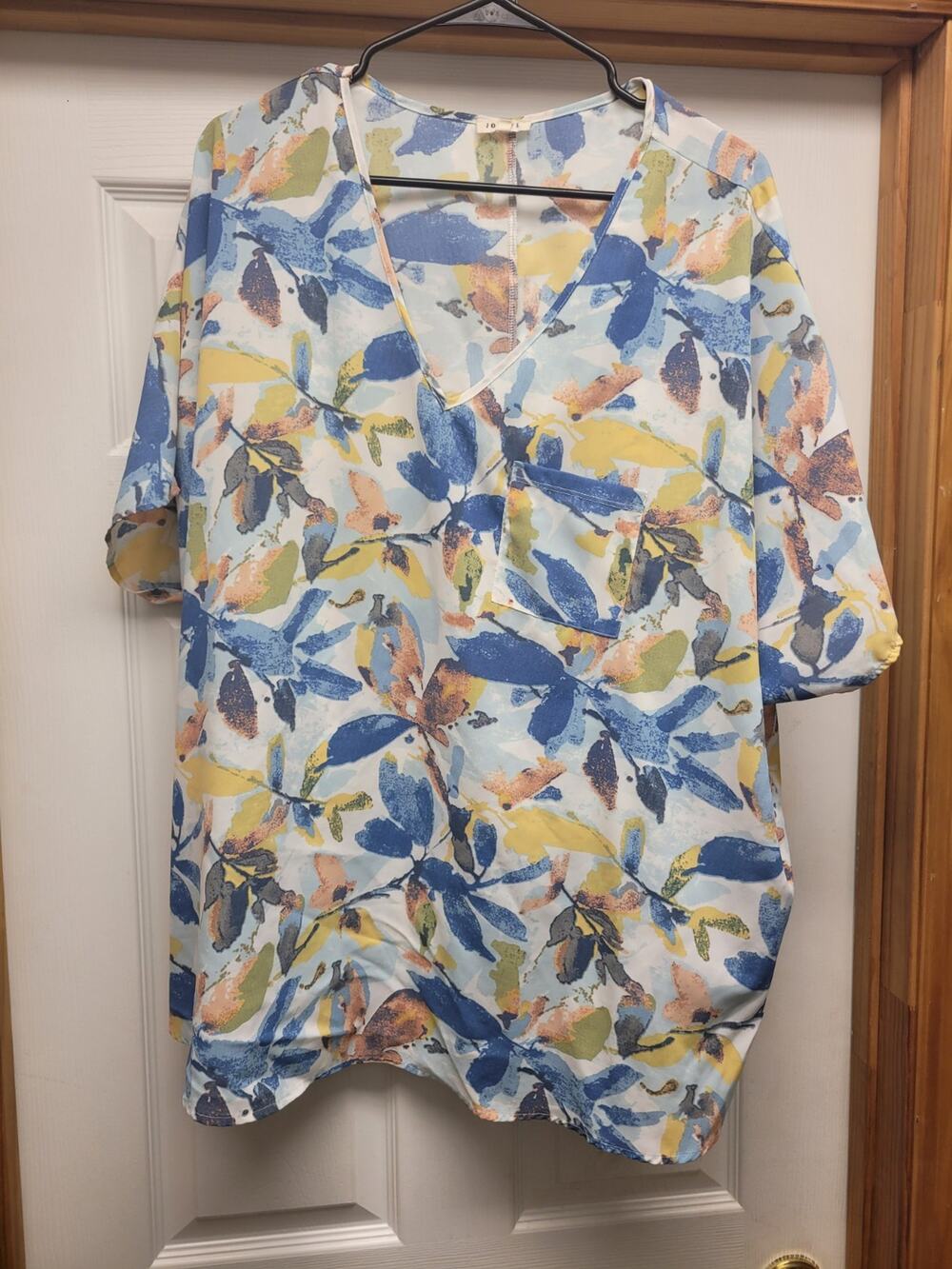 Jodifl Large Floral V Neck Blouse Blue Yellow Abstract Print Pocket Tunic Top